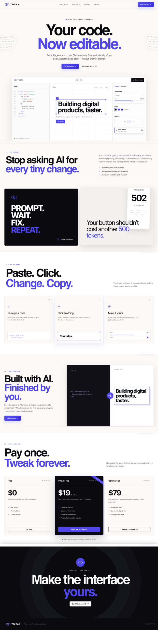 TWEAK full landing page design